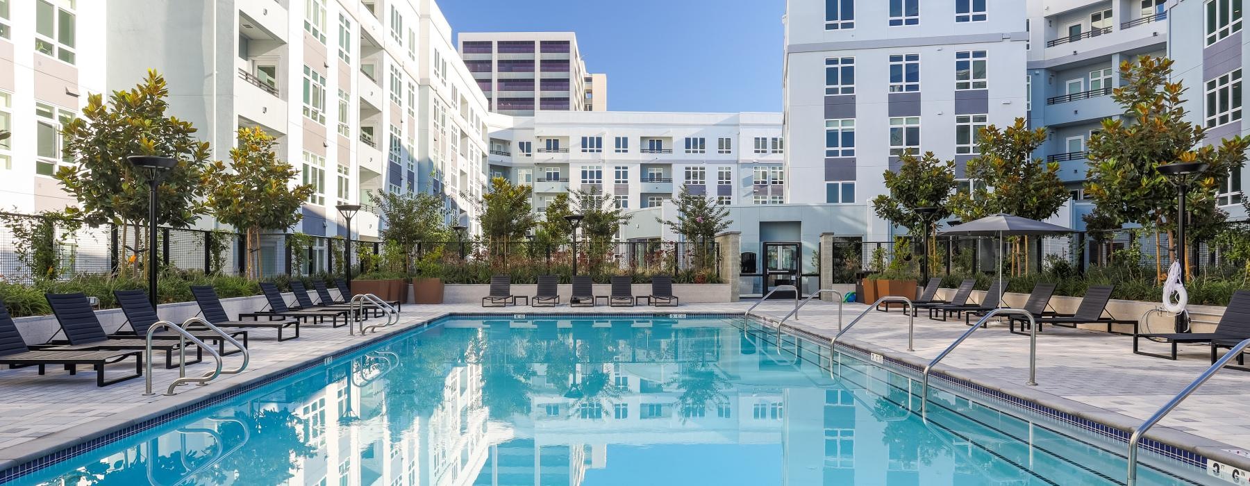 a swimming pool in a city
